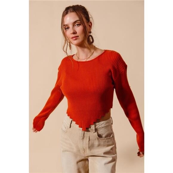 SO ME Rib Knitted Crop Sweater Top With Shaped Hem - Picture 3 of 3